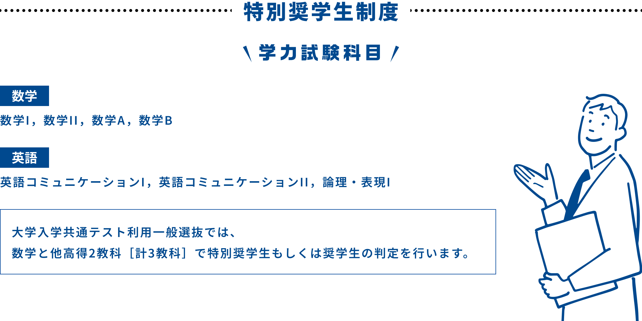 特別奨学制度 学力試験科目は数学については数学Ⅰ、数学Ⅱ、数学A、数学B。英語については英語コニュニケーションⅠ、英語コニュニケーションⅡ、論理・表現Ⅰ。大学入学共通テスト利用一般選抜では、数学と他高得2教科（計3教科）で特別奨学生もしくは奨学生の判定を行います。