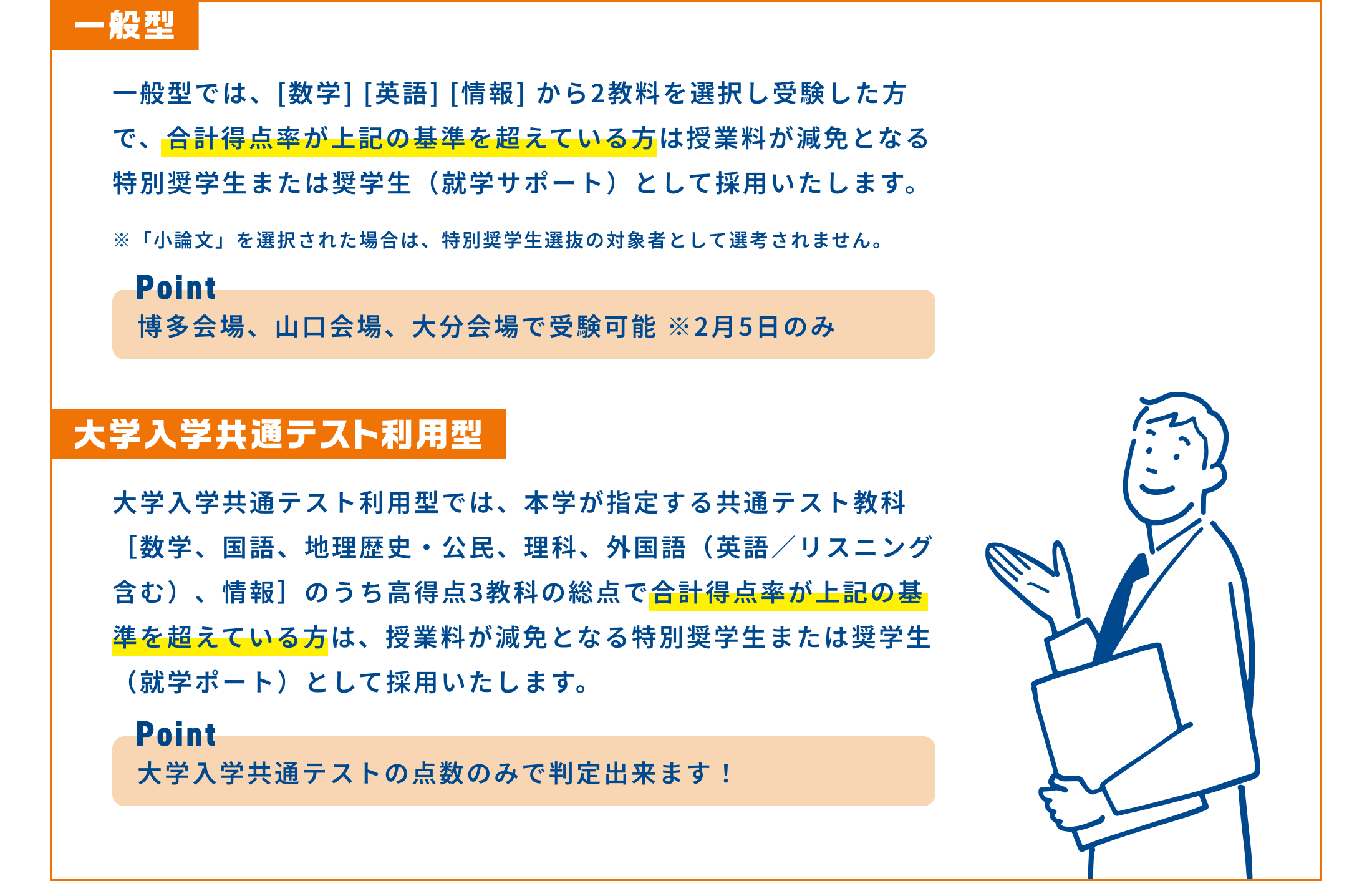 一般型では、[数学] [英語] [情報] から2教料を選択し受験した方で、成績上位者は授業料が減免となる特別奨学生または奨学生（就学サポート）として採用いたします。（博多会場、山口会場、大分会場で受験可能 ※2月5日のみ）大学入学共通テスト利用型では、本学が指定する共通テスト教科［数学、国語、地理歴史・公民、理科、外国語（英語／リスニング含む）、情報］のうち高得点3教科の総点で合否および奨学生を判定します。（大学入学共通テストの点数のみで判定出来ます！）